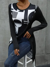 Black and White Geometric Print Asymmetrical Long Sleeve Tunic Top Woman T Shirts