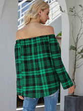 Black and White Plaid Off the Shoulder Top Long Sleeve Length Woman T Shirts