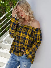 Black and White Plaid Off the Shoulder Top Long Sleeve Length Woman T Shirts