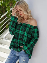 Black and White Plaid Off the Shoulder Top Long Sleeve Length Woman T Shirts