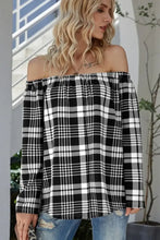 Black and White Plaid Off the Shoulder Top Long Sleeve Length Woman T Shirts