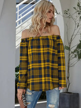 Black and White Plaid Off the Shoulder Top Long Sleeve Length Woman T Shirts