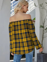 Black and White Plaid Off the Shoulder Top Long Sleeve Length Woman T Shirts