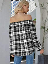 Black and White Plaid Off the Shoulder Top Long Sleeve Length Woman T Shirts