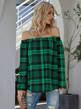 Black and White Plaid Off the Shoulder Top Long Sleeve Length Woman T Shirts