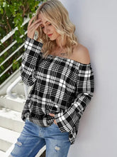 Black and White Plaid Off the Shoulder Top Long Sleeve Length Woman T Shirts