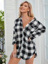 Black and White Plaid Shirt Dress with Lapel Collar and Long Sleeves Sleep Dresses