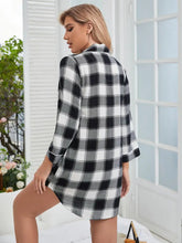 Black and White Plaid Shirt Dress with Lapel Collar and Long Sleeves Sleep Dresses