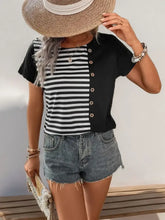 Black and White Striped Color Block T-Shirt with Decorative Buttons Woman T Shirts