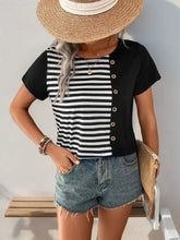 Black and White Striped Color Block T-Shirt with Decorative Buttons Woman T Shirts