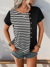 Black and White Striped Color Block T-Shirt with Decorative Buttons Black Woman T Shirts