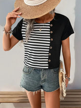 Black and White Striped Color Block T-Shirt with Decorative Buttons Woman T Shirts