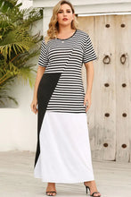 Black and White Striped Maxi Dress with Round Neck and Short Sleeve Length Black White Maxi Dresses
