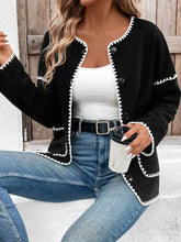 Black Cardigan with White Trim Machine Washable Polyester Sweater Woman Outerwear