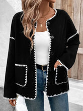 Black Cardigan with White Trim Machine Washable Polyester Sweater Black Woman Outerwear