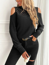 Black Cold Shoulder Ribbed Knit Sweater with Lace Detail Black Woman T Shirts