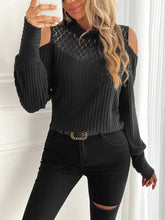 Black Cold Shoulder Ribbed Knit Sweater with Lace Detail Woman T Shirts