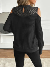 Black Cold Shoulder Ribbed Knit Sweater with Lace Detail Woman T Shirts