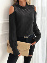 Black Cold Shoulder Ribbed Knit Sweater with Lace Detail Woman T Shirts