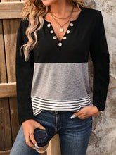 Black Colorblock Long Sleeve Top with Decorative Buttons Black Woman T Shirts