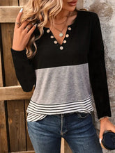 Black Colorblock Long Sleeve Top with Decorative Buttons Woman T Shirts