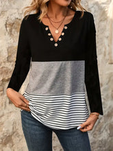 Black Colorblock Long Sleeve Top with Decorative Buttons Woman T Shirts