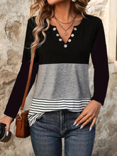 Black Colorblock Long Sleeve Top with Decorative Buttons Woman T Shirts
