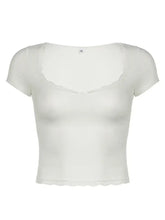 Black Crop Top with White Lace Trim and Bow Detail Woman T Shirts