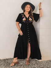 Black Embroidered Viscose Maxi Dress with Slit and Buttons Maxi Dresses