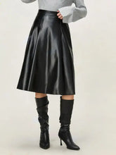 Black Faux Leather Midi Skirt with Chain Belt Black Woman Skirts