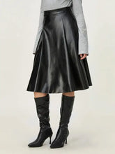 Black Faux Leather Midi Skirt with Chain Belt Woman Skirts