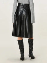 Black Faux Leather Midi Skirt with Chain Belt Woman Skirts