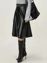 Black Faux Leather Midi Skirt with Chain Belt Woman Skirts