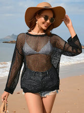 Black Fishnet Semi-Sheer Long Sleeve Beach Cover-Up Top Black Swimwear Cover-Ups