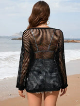 Black Fishnet Semi-Sheer Long Sleeve Beach Cover-Up Top Swimwear Cover-Ups