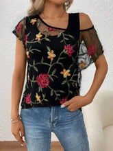 Black Floral Embroidered Mesh Top for Women Black Woman T Shirts