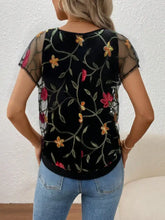Black Floral Embroidered Mesh Top for Women Woman T Shirts