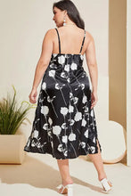 Black Floral Satin Slip Dress with Lace V Neck Plus Size Sleeveless Dresses