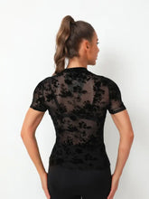 Black Floral Velvet Mesh Sheer Top for Women Woman T Shirts