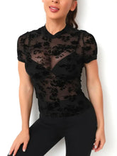 Black Floral Velvet Mesh Sheer Top for Women Woman T Shirts