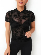 Black Floral Velvet Mesh Sheer Top for Women Woman T Shirts