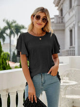 Black Flutter Sleeve Top for Women Polyester Eyelet Material Woman T Shirts