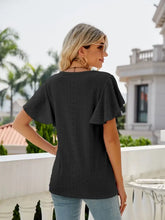 Black Flutter Sleeve Top for Women Polyester Eyelet Material Woman T Shirts