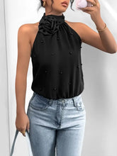 Black Halter Bodysuit with Pearl Accents and Rose Detail Woman Bodysuits