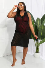 Black Knit Midi Dress Sleeveless Swim Cover-Up with Johnny Collar Swimwear Cover-Ups