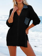 Black Knit Shirt Dress with Denim Accents and Sheer Swimwear Cover-Up Black Swimwear Cover-Ups
