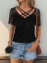 Black Lace Crisscross Sleeve Top for Women Woman T Shirts