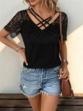 Black Lace Crisscross Sleeve Top for Women Woman T Shirts