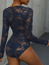 Black Lace Long Sleeve Bodysuit for Women Semi Sheer Stretchy Woman Bodysuits