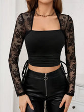 Black Lace Long Sleeve Crop Top and Leather Pants Set Black Woman T Shirts